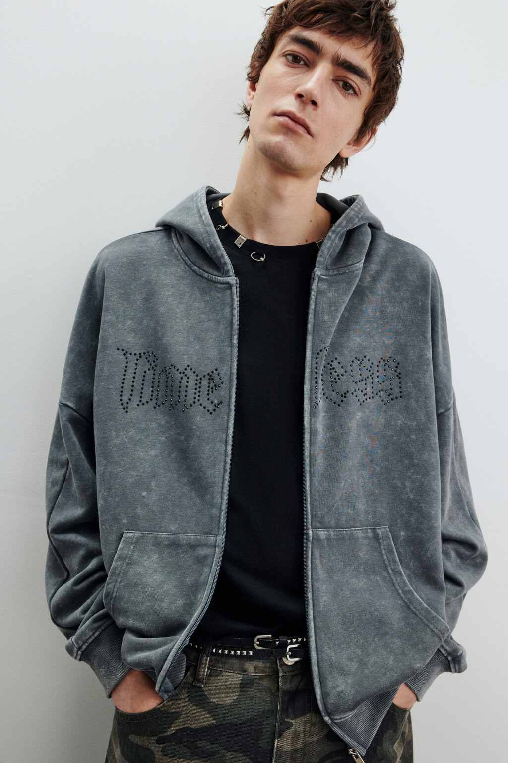 Худи-зипка с вареным эффектом - цвет серый - 1