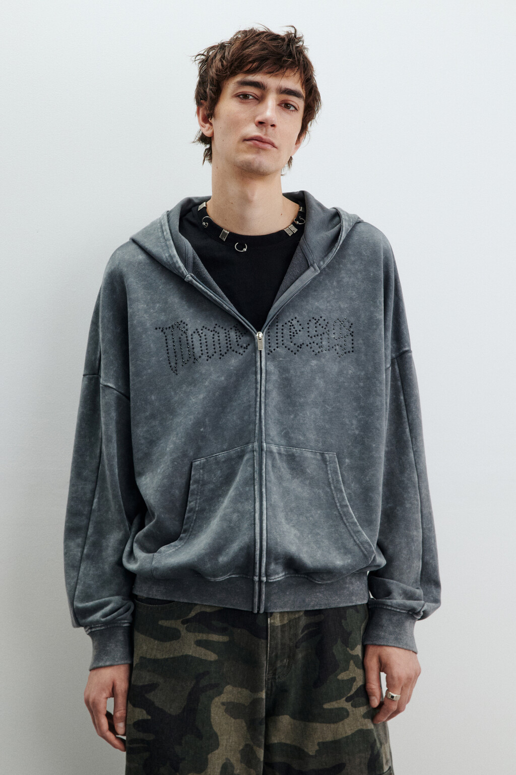 Худи-зипка с вареным эффектом - цвет серый - 2
