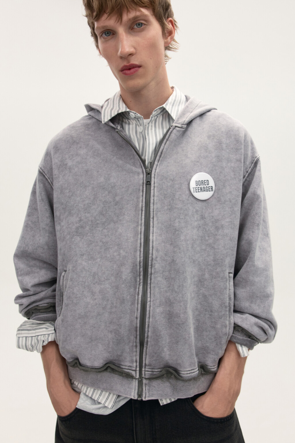 Худи-зипка oversize с вареным эффектом - цвет серый - 1