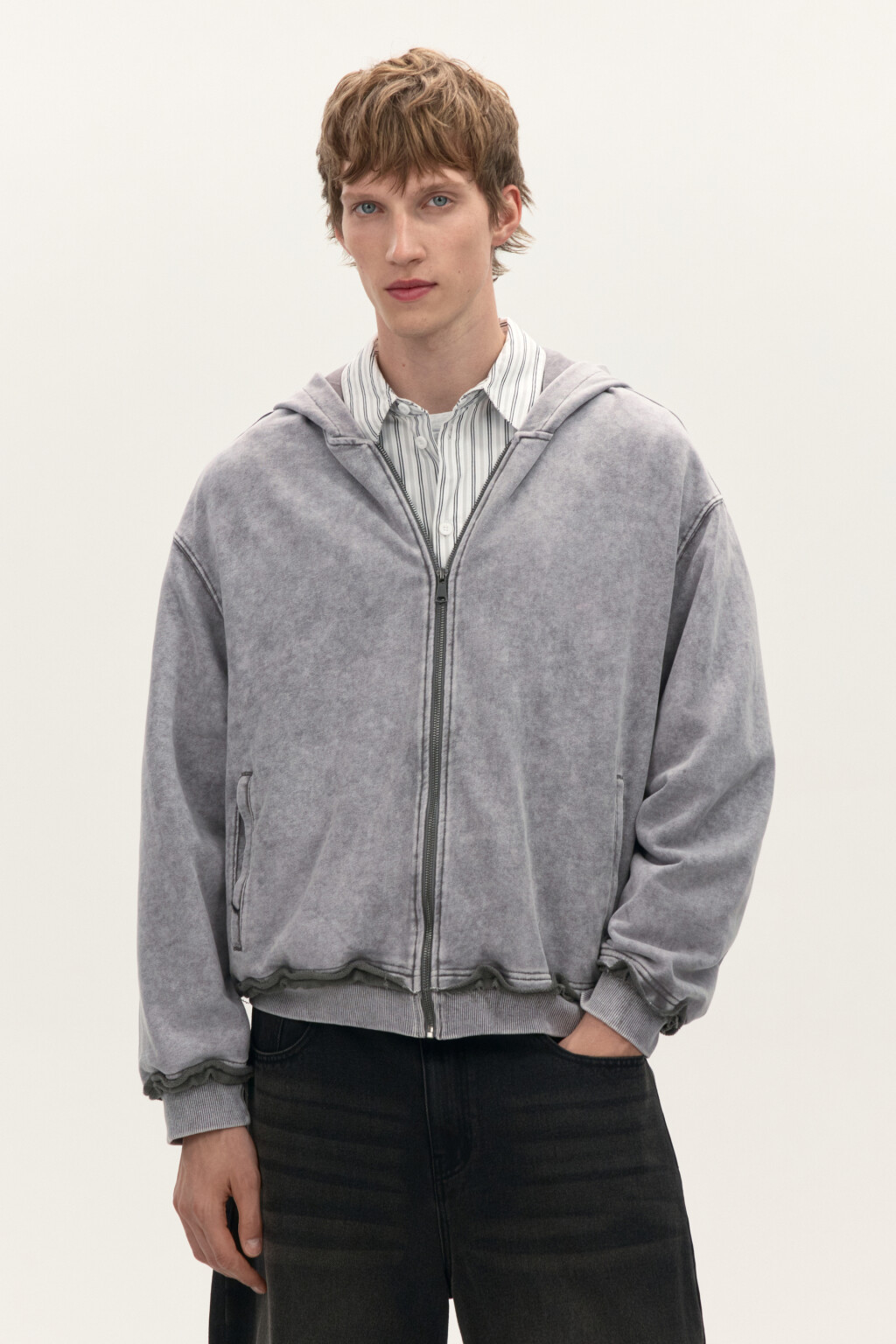 Худи-зипка oversize с вареным эффектом - цвет серый - 3