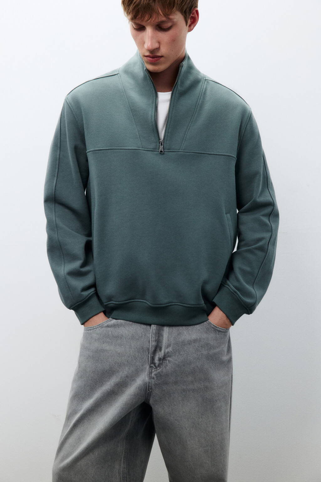 Толстовка half zip из футера - цвет зеленый - 1