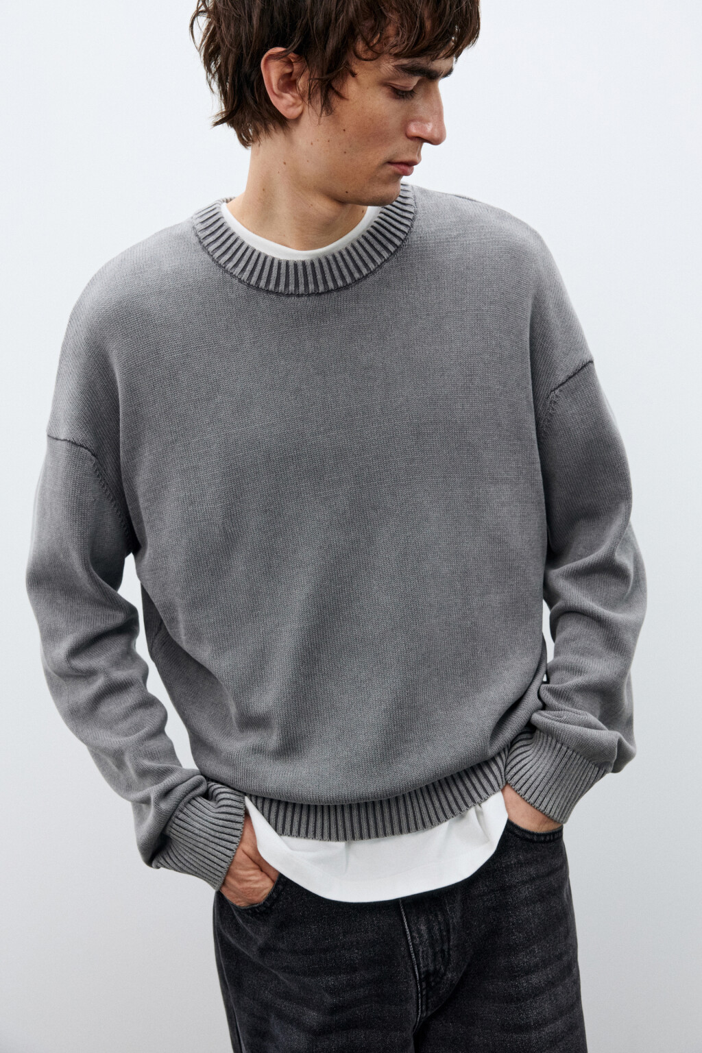 Джемпер вязаный базовый из хлопка - цвет серый - 1