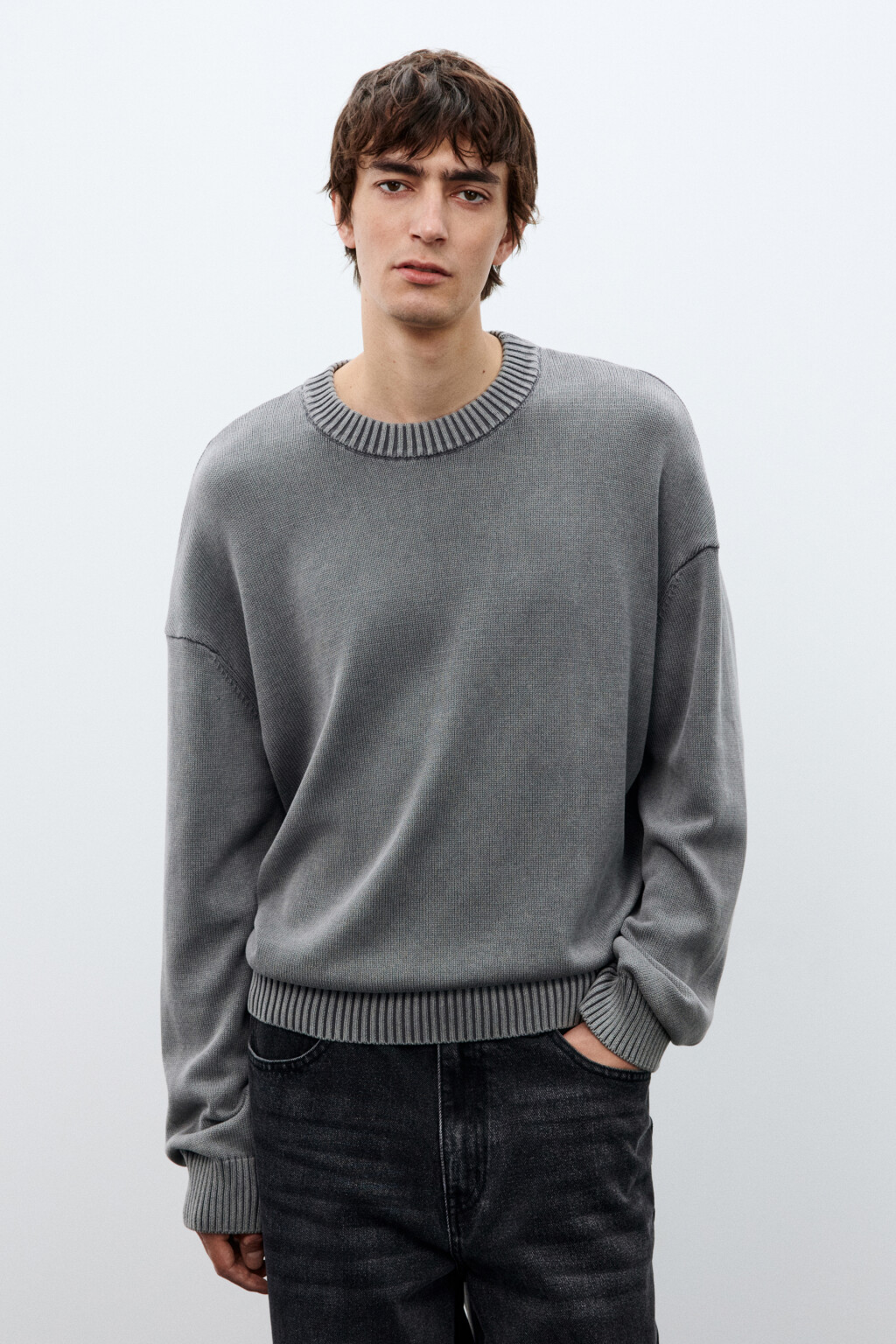Джемпер вязаный базовый из хлопка - цвет серый - 3