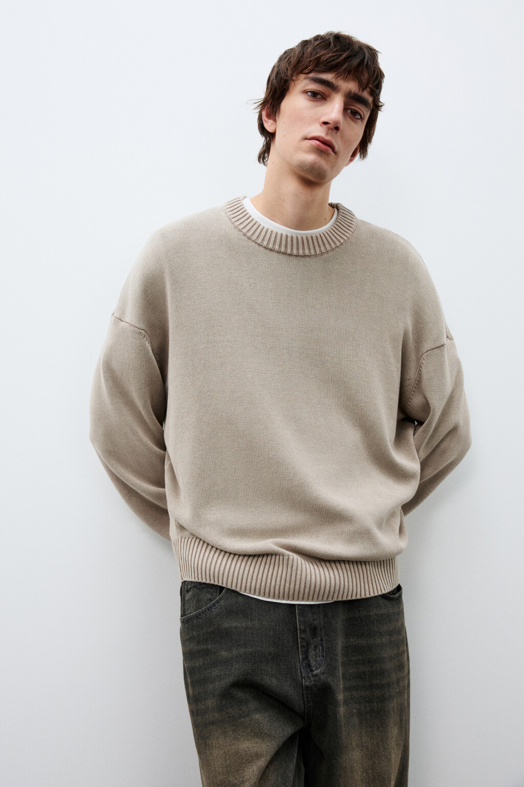 Джемпер вязаный базовый из хлопка - цвет бежевый - 1