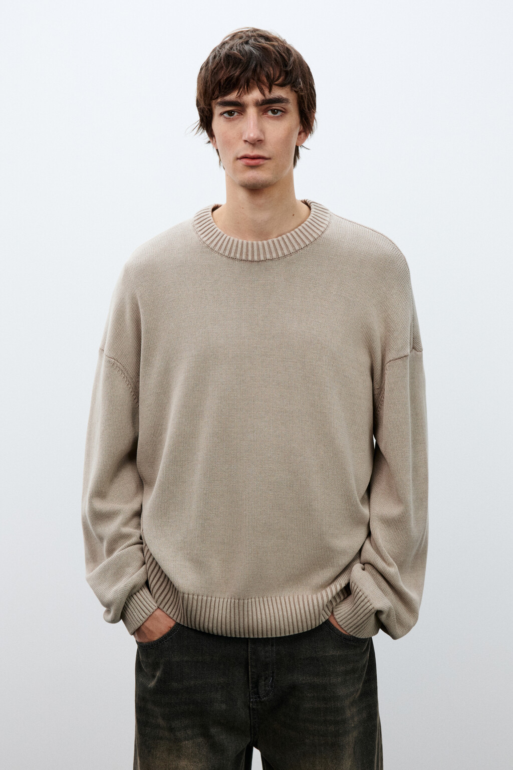 Джемпер вязаный базовый из хлопка - цвет бежевый - 2
