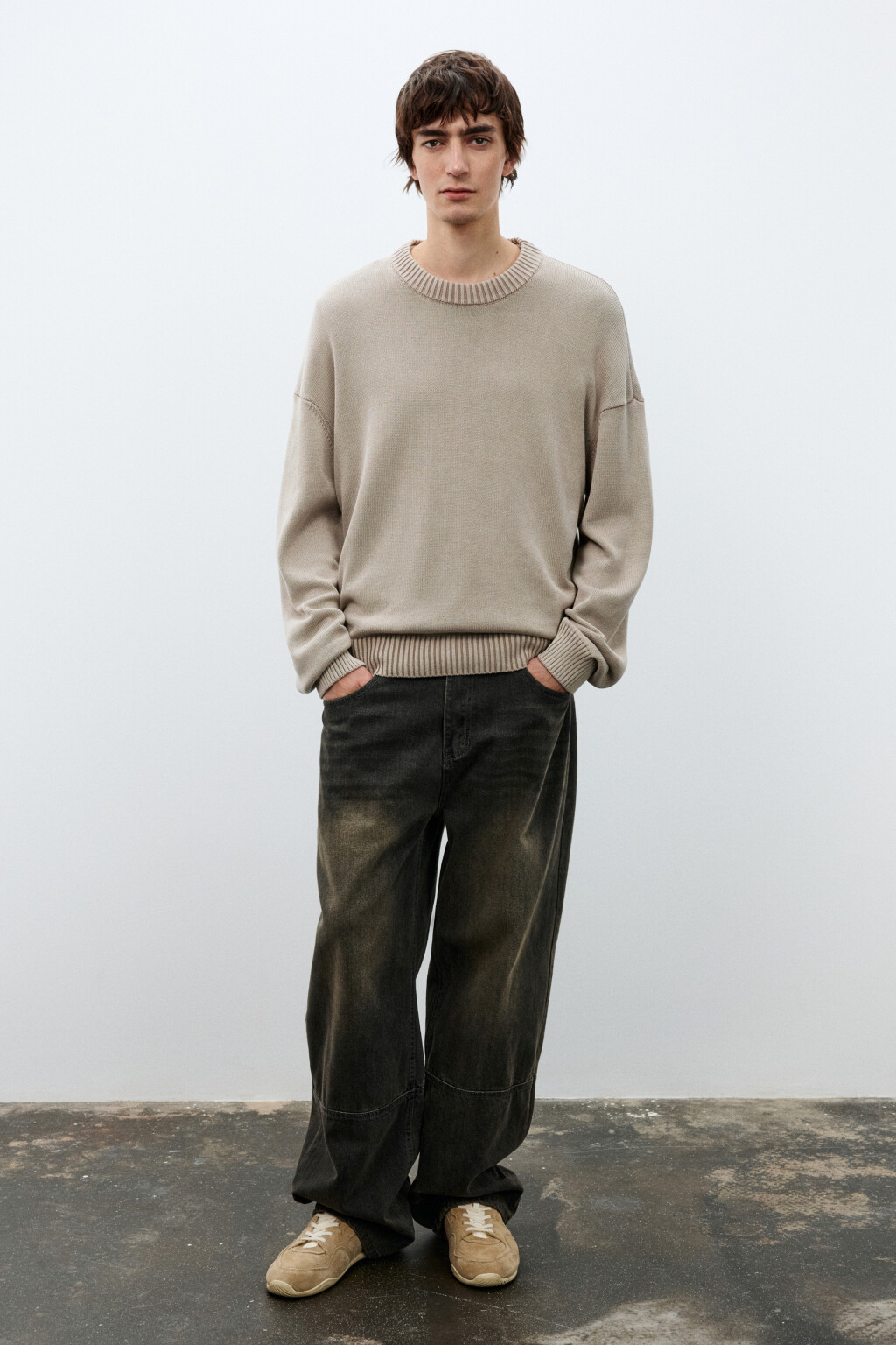 Джемпер вязаный базовый из хлопка - цвет бежевый - 4