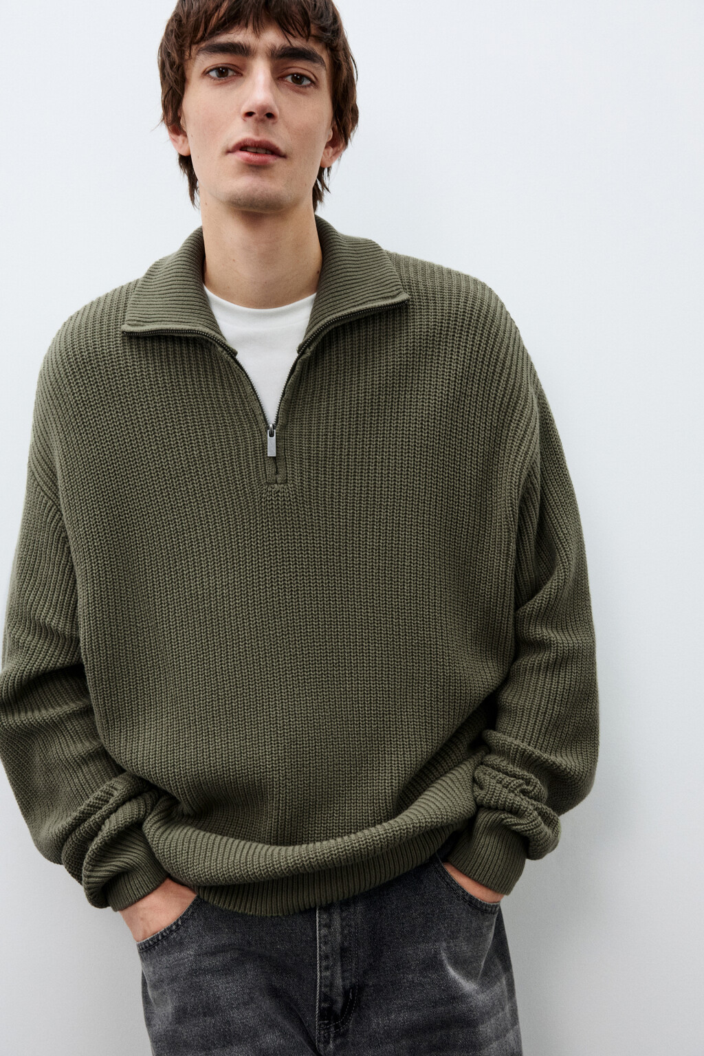 Свитер с воротником на молнии - цвет зеленый - 1
