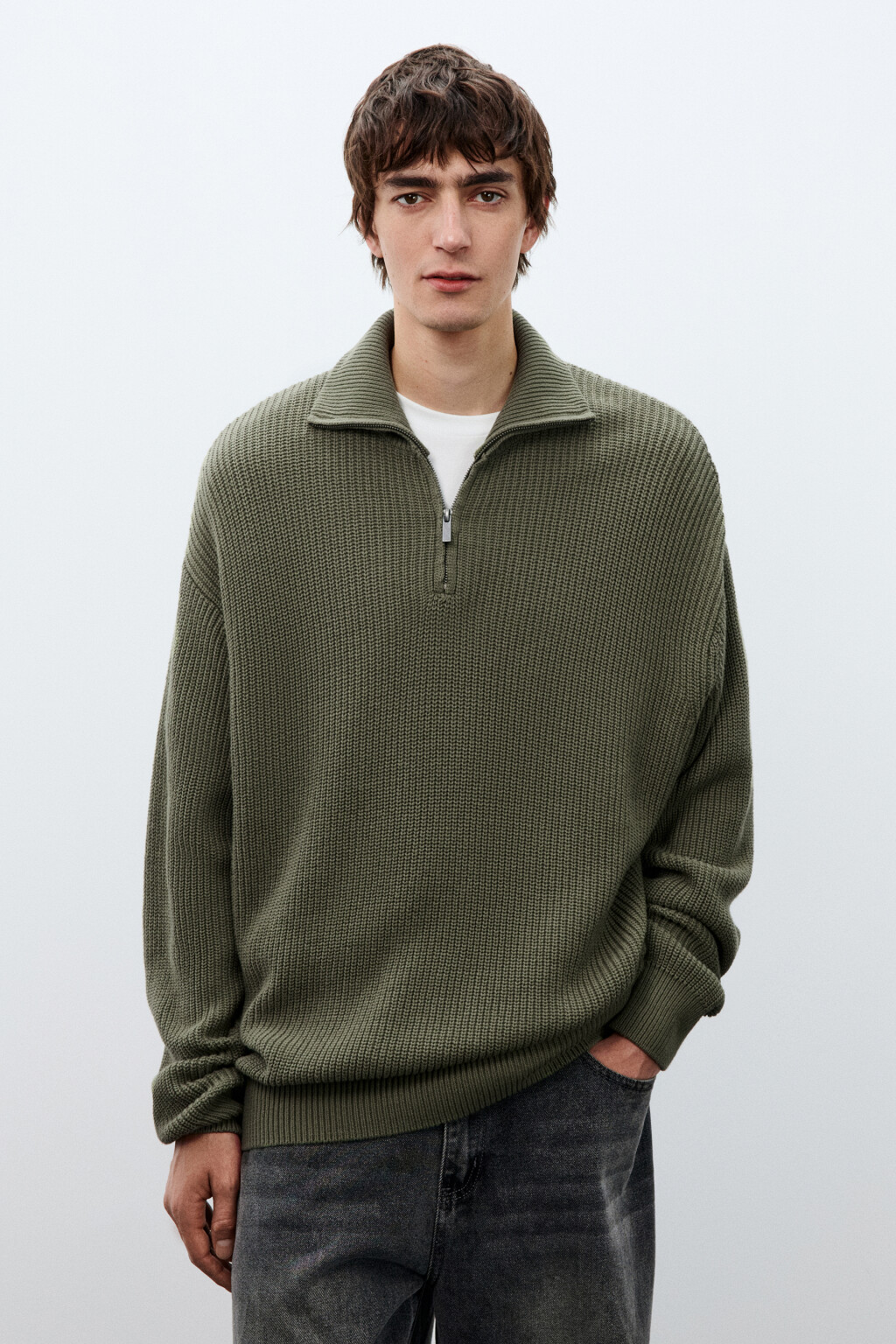 Свитер с воротником на молнии - цвет зеленый - 2