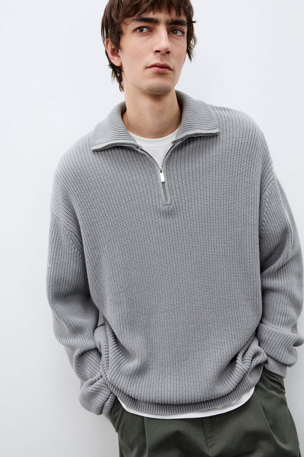 Свитер с воротником на молнии - цвет серый - 1