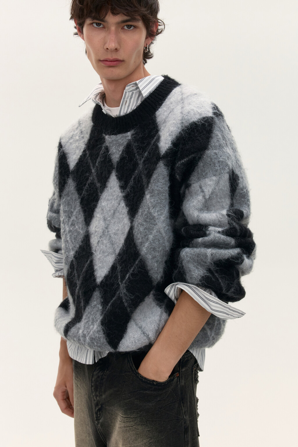 Джемпер вязаный с принтом аргайл - цвет черный - 1