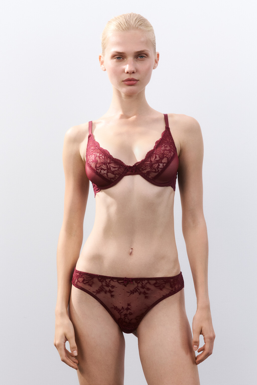 Бюстгальтер-бра с цветочным кружевом - цвет бордовый - 5