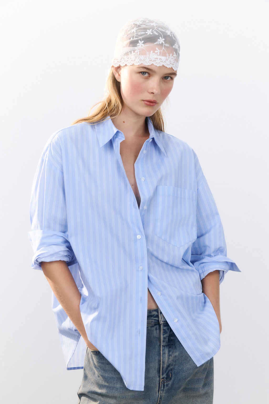 Косынка ажурная с кружевом - цвет белый - 2