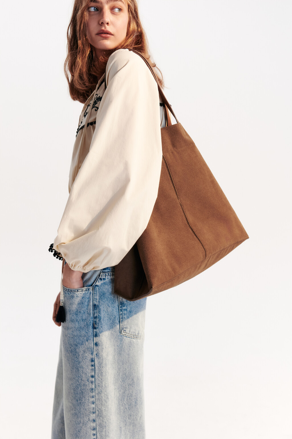 Сумка-шопер из искусственной замши - цвет коричневый - 1