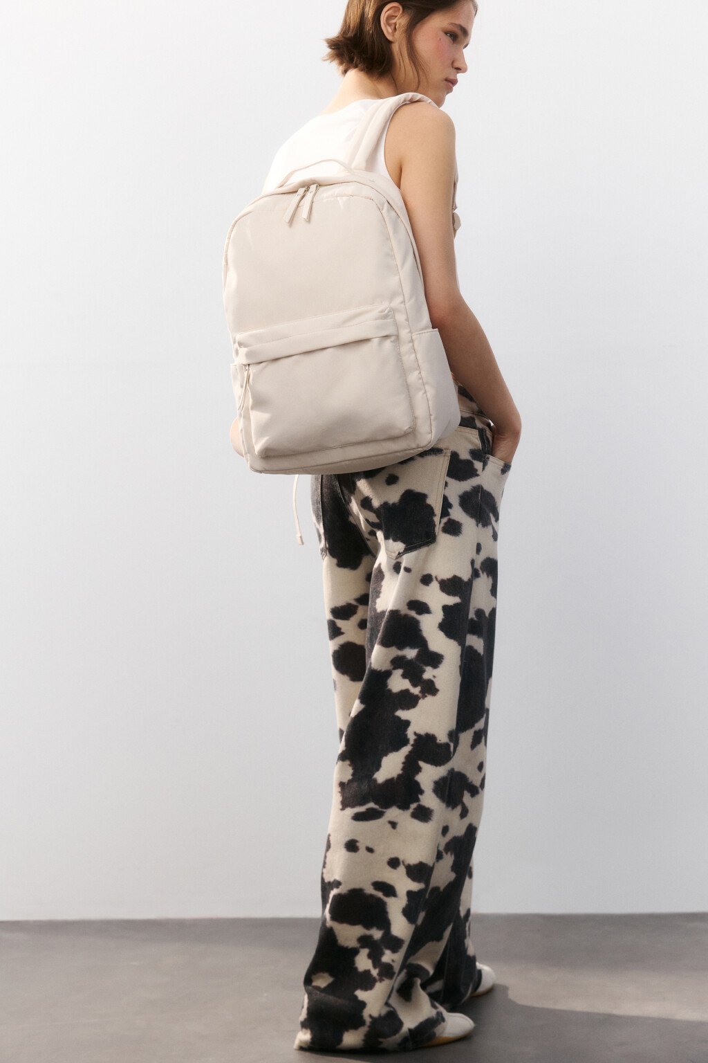 Рюкзак текстильный с карманом - цвет бежевый - 1