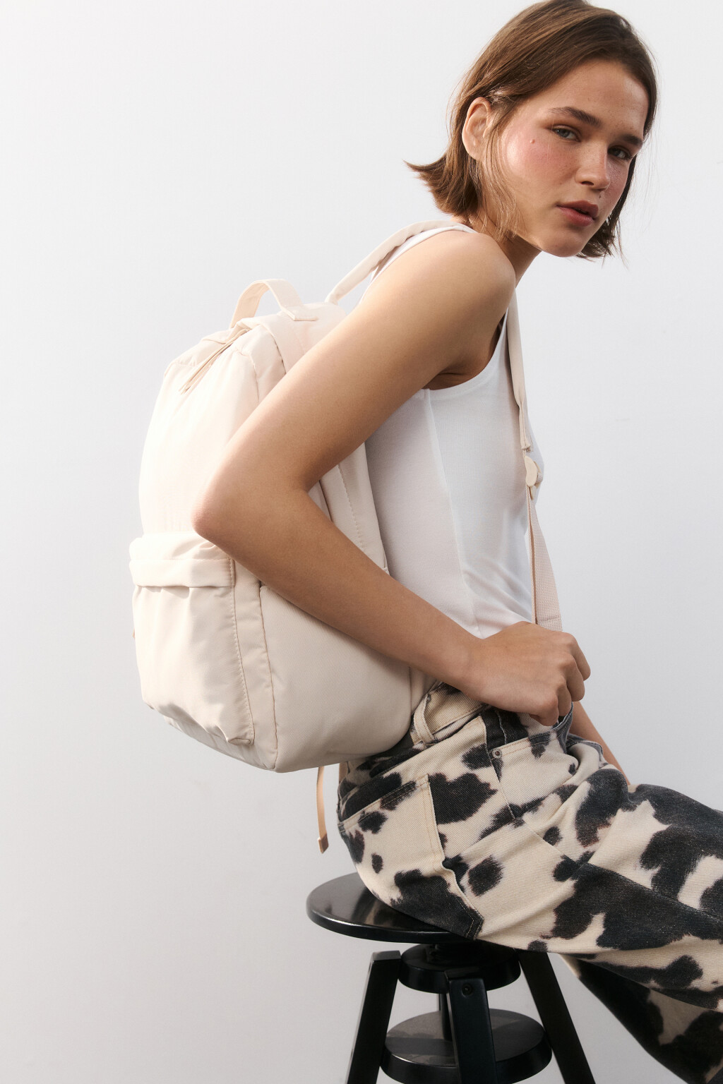 Рюкзак текстильный с карманом - цвет бежевый - 3