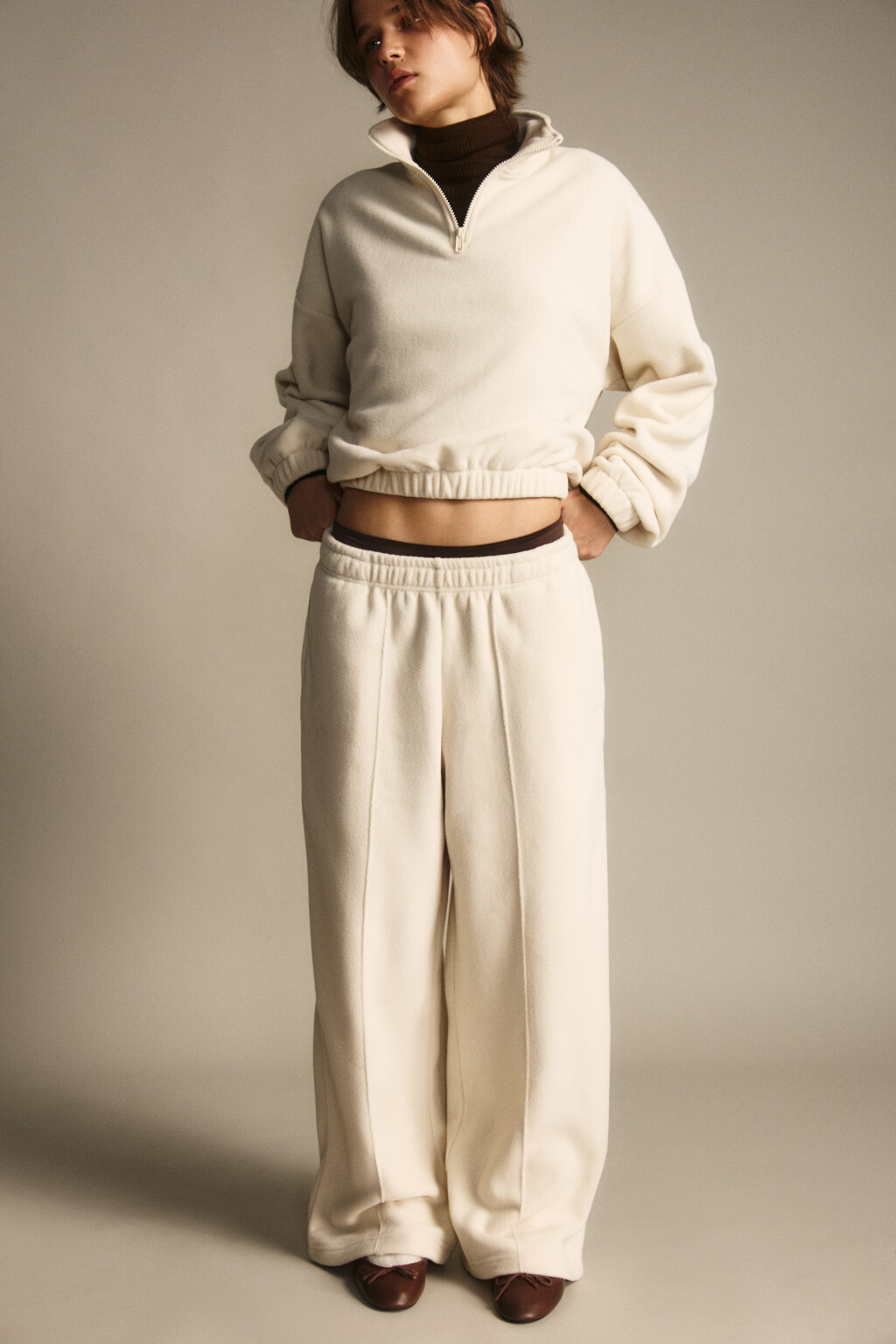 Брюки широкие флисовые - цвет бежевый - 1