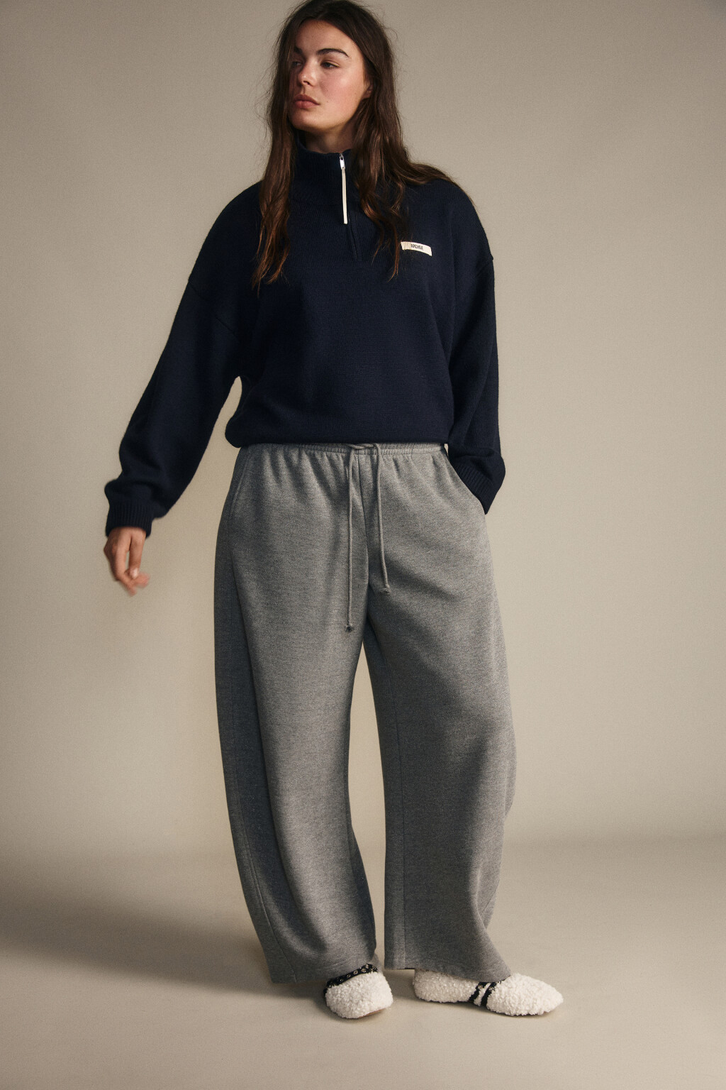 Брюки barrel fit утепленные с люрексом - цвет серый - 7