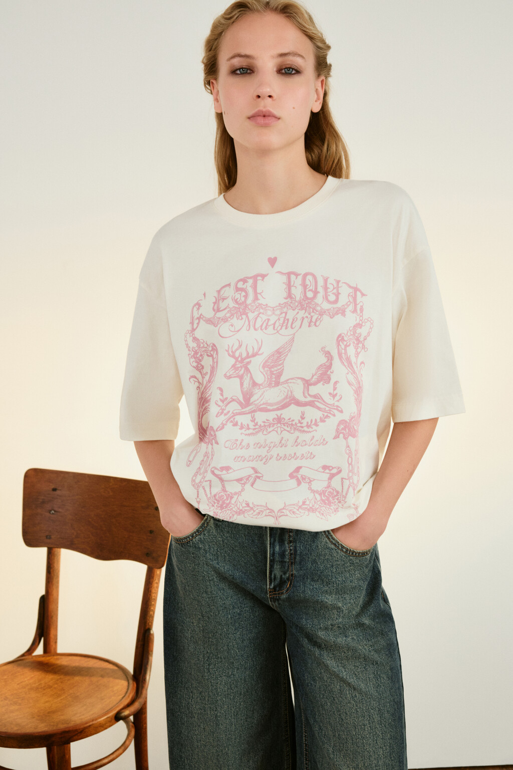 Футболка хлопковая с принтом - цвет бежевый - 1