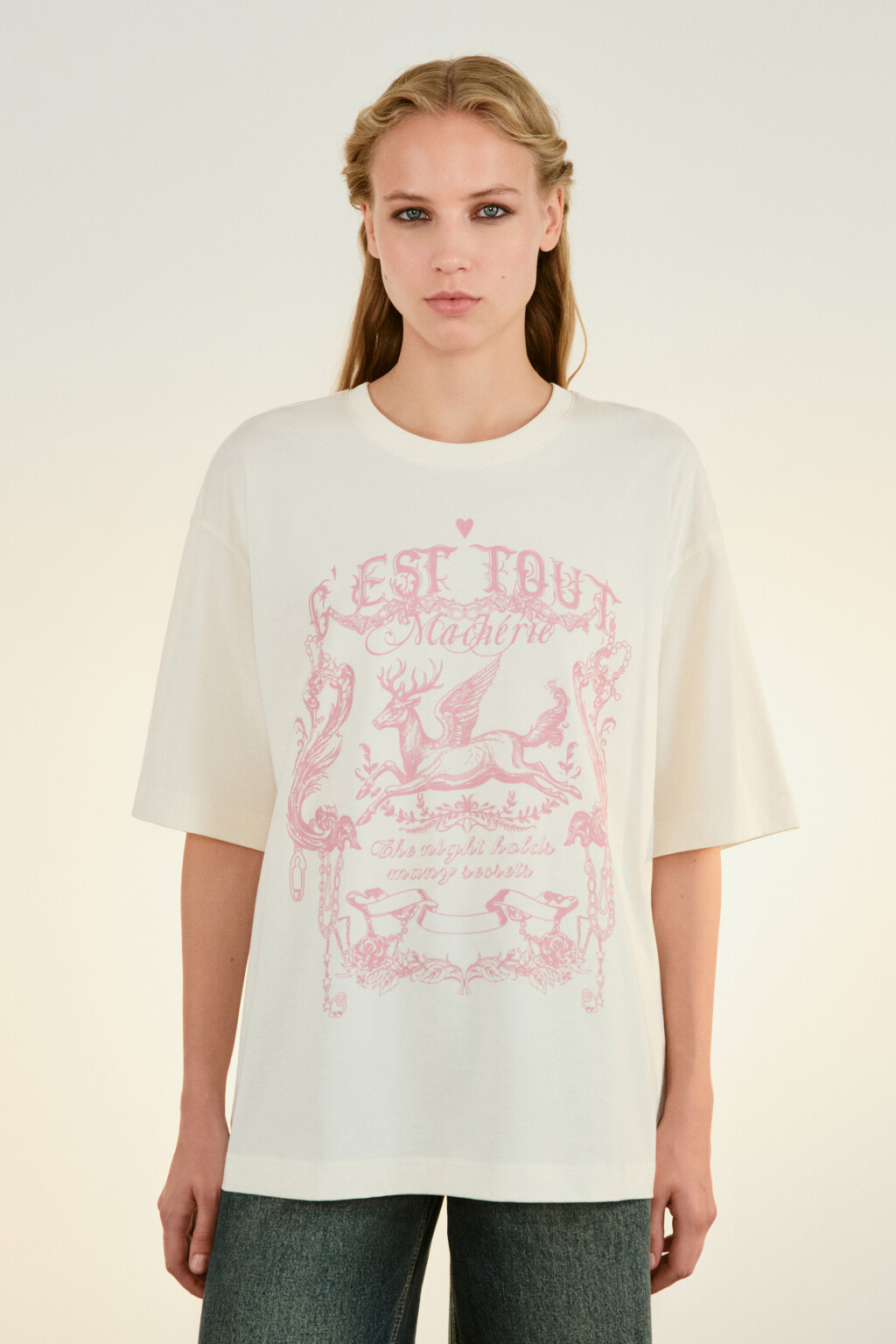 Футболка хлопковая с принтом - цвет бежевый - 2