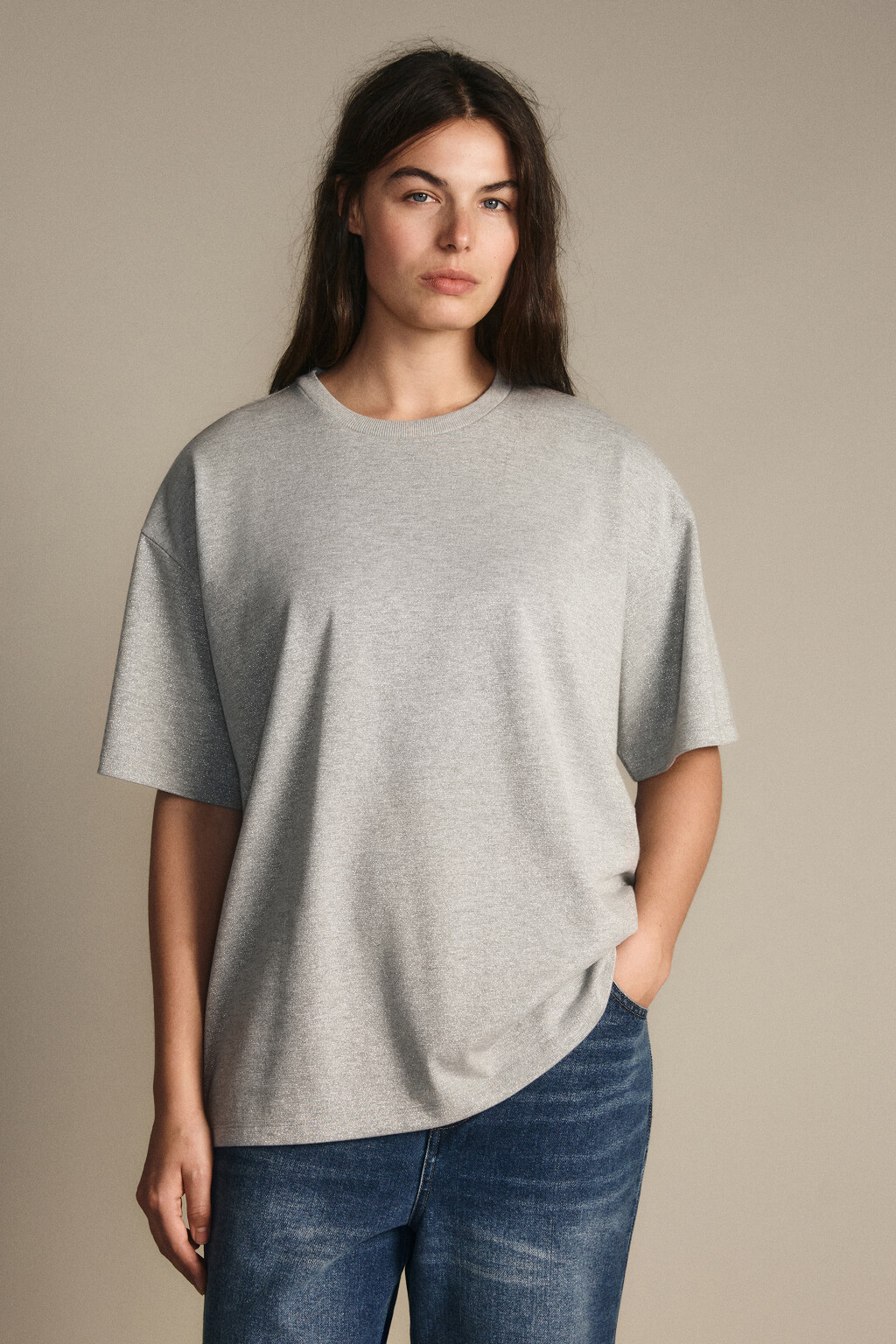 Футболка трикотажная с люрексом - цвет серый - 3