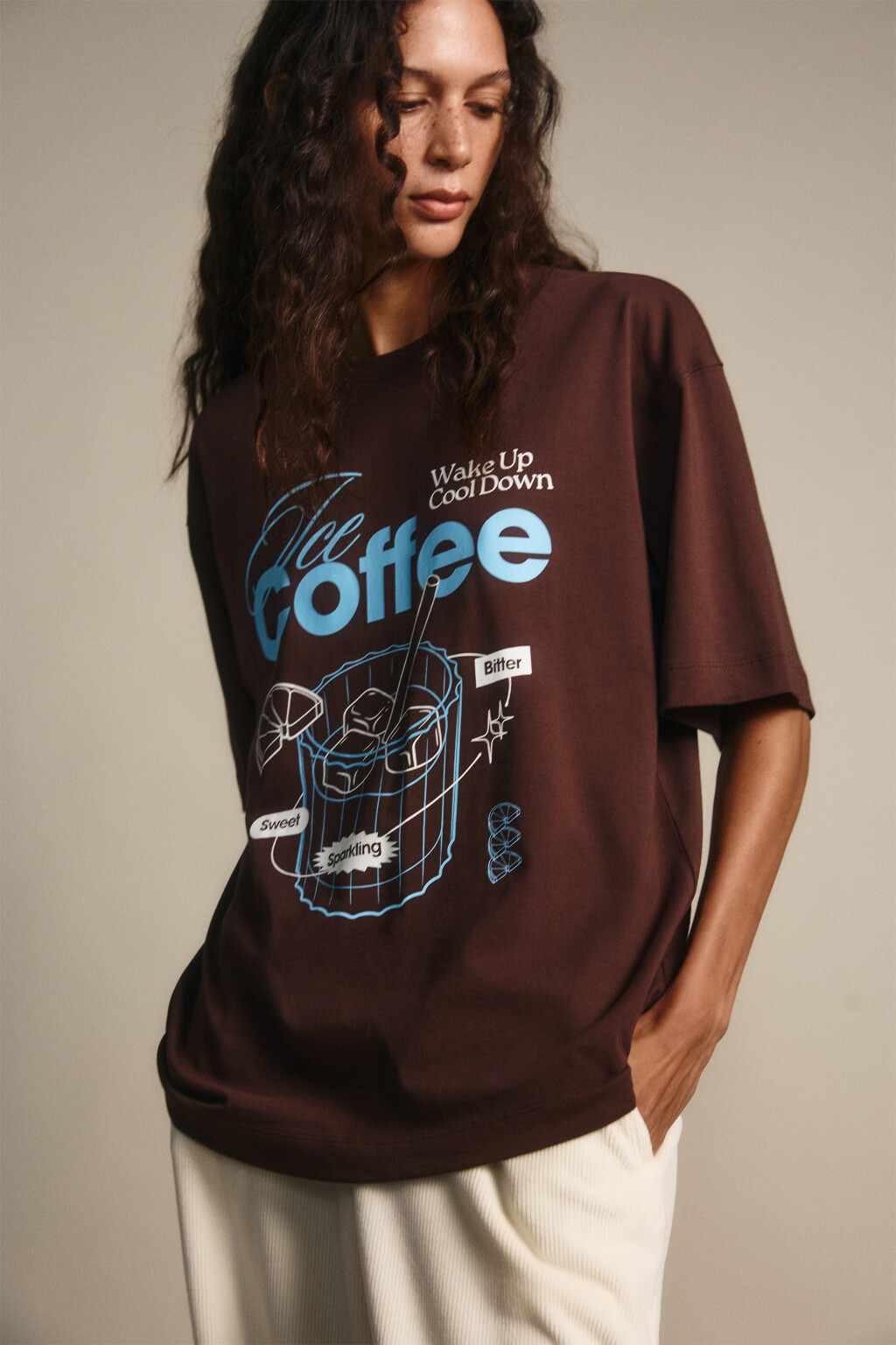 Футболка свободная с принтом - цвет коричневый - 1
