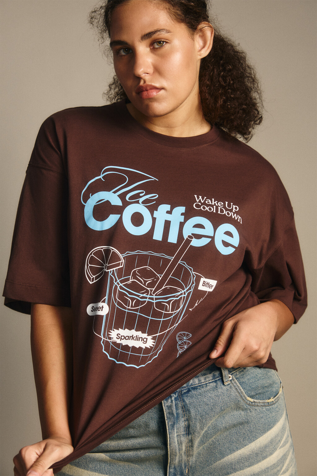 Футболка свободная с принтом - цвет коричневый - 1