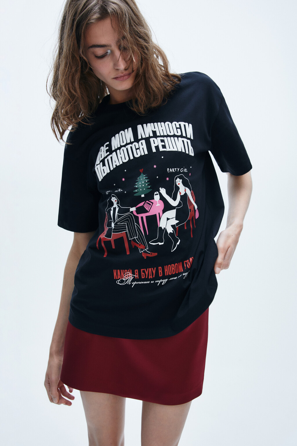 Футболка с новогодним принтом - цвет черный - 1