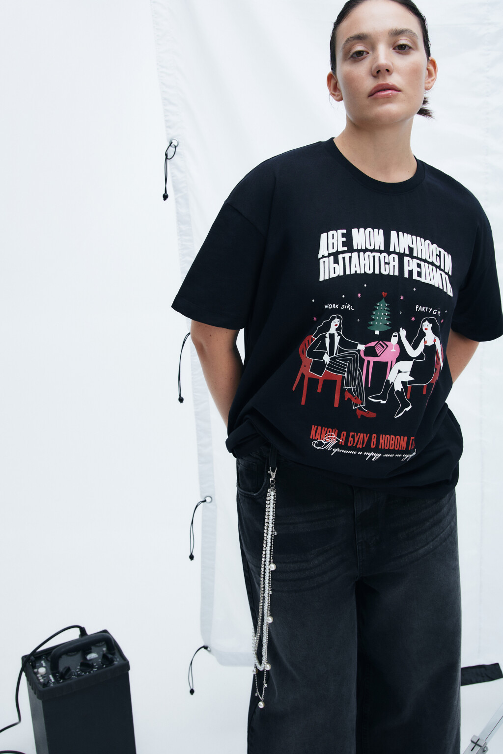 Футболка с новогодним принтом - цвет черный - 1