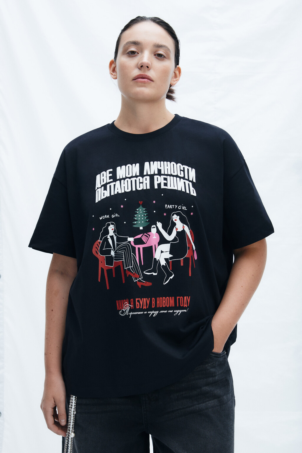 Футболка с новогодним принтом - цвет черный - 2