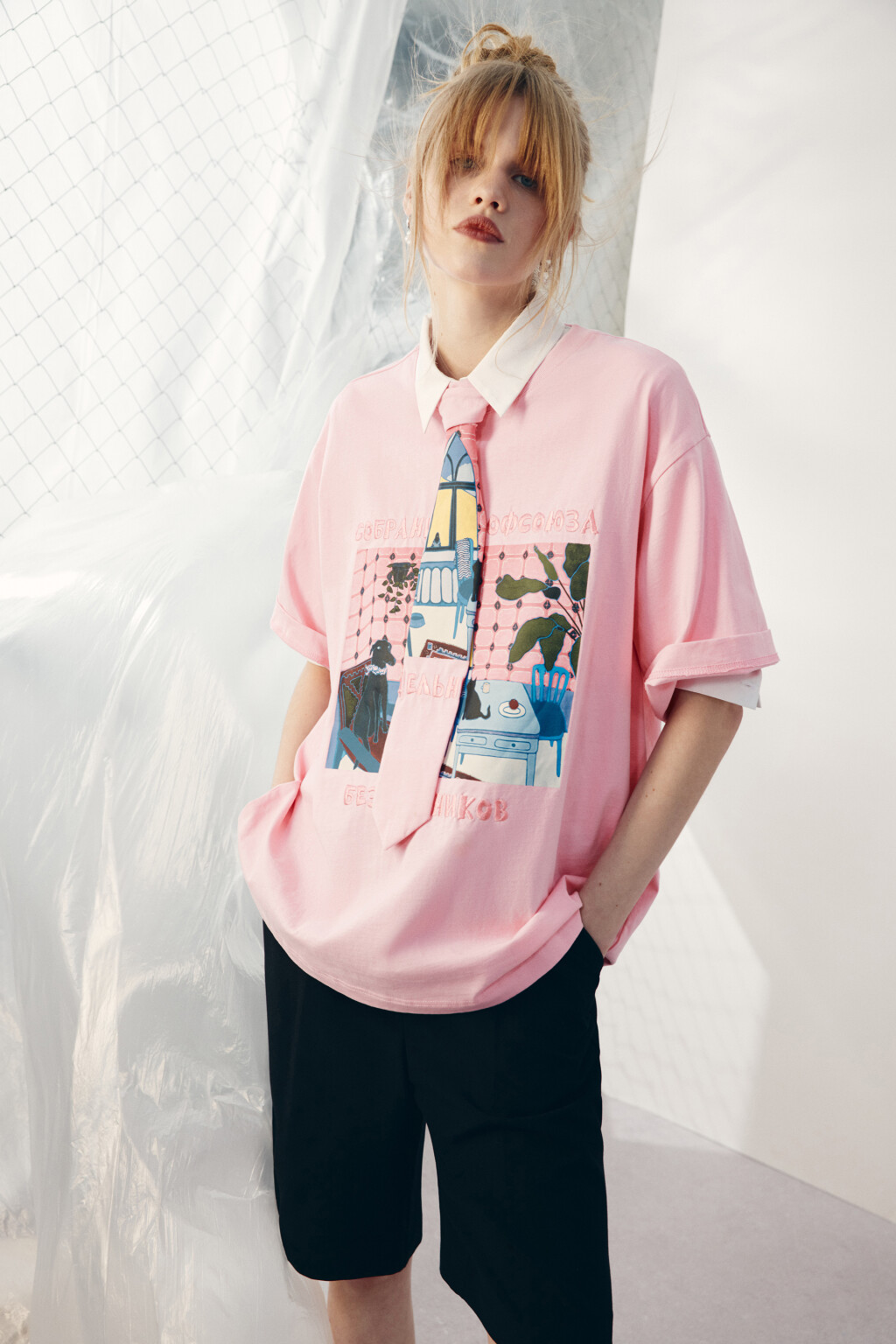 Футболка свободная с принтом - цвет розовый - 1