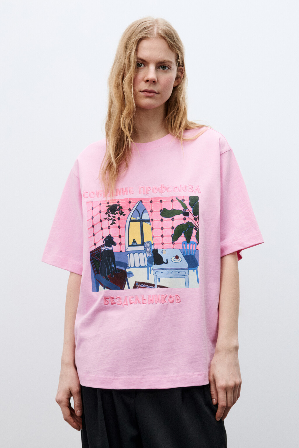 Футболка свободная с принтом - цвет розовый - 4
