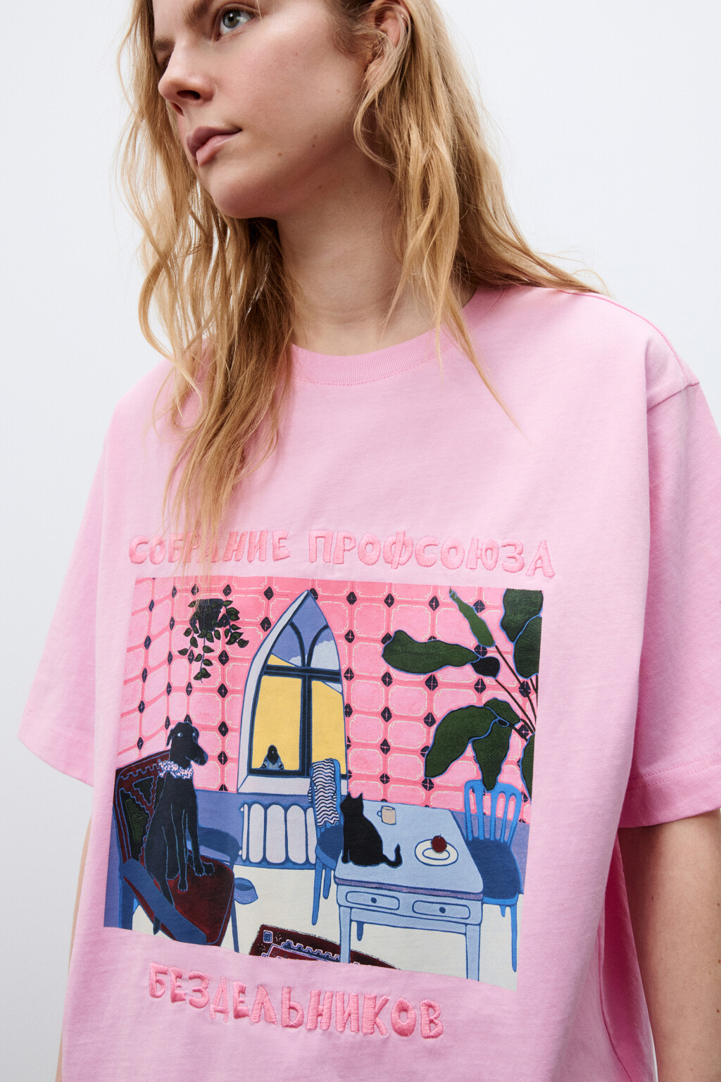 Футболка свободная с принтом - цвет розовый - 7