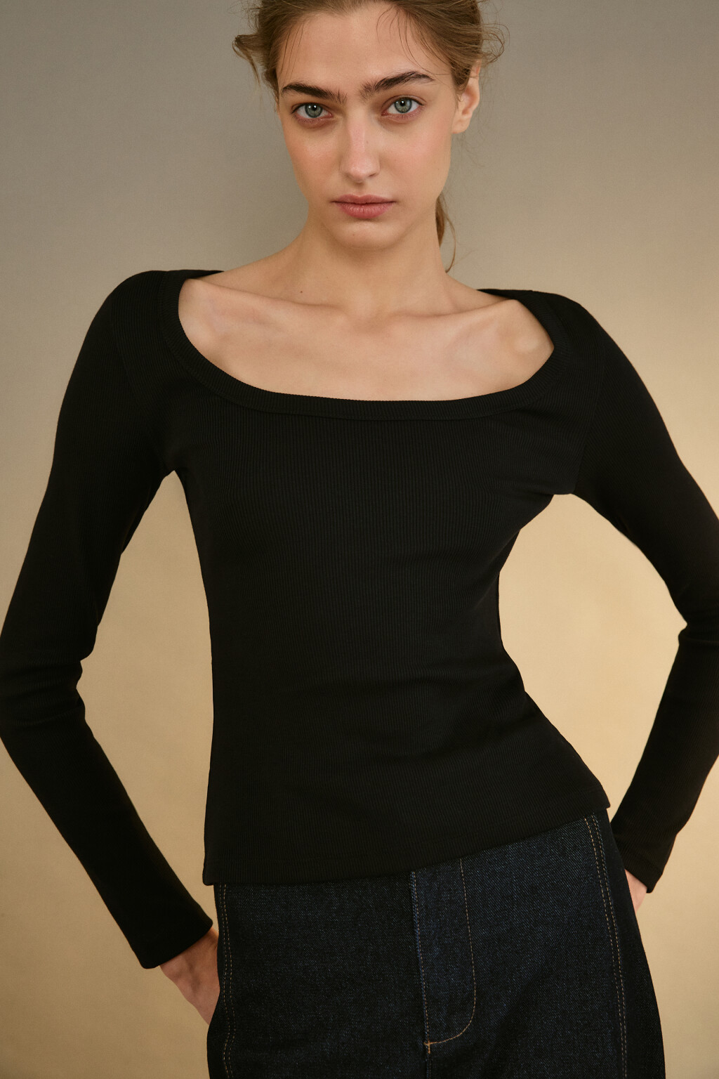 Лонгслив облегающий в рубчик - цвет черный - 1