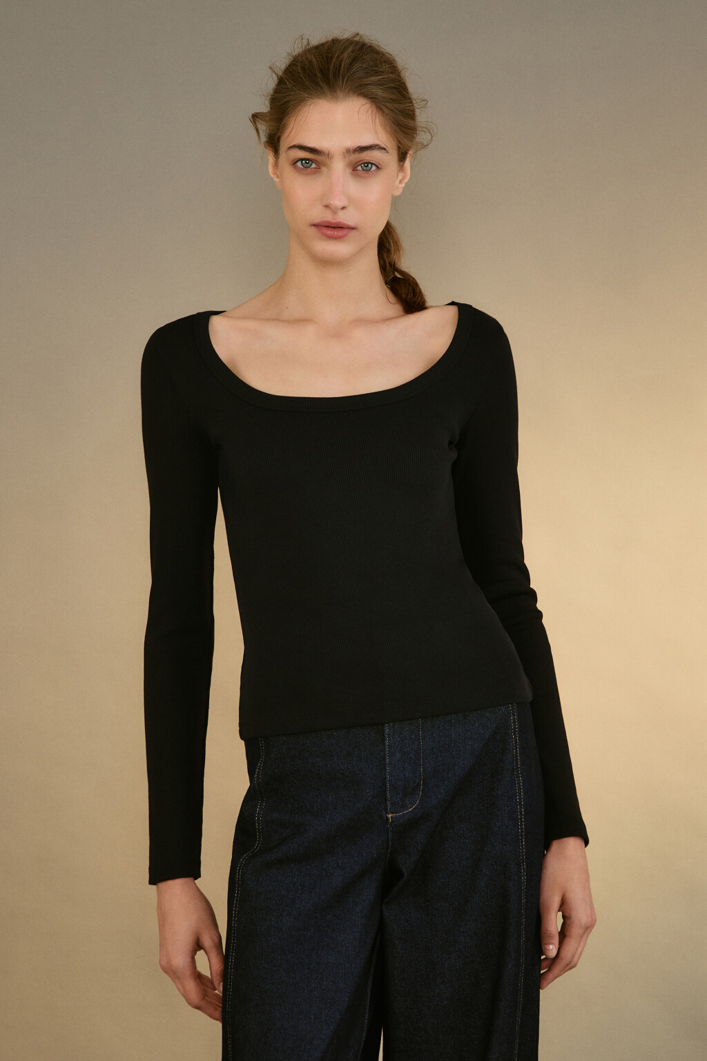 Лонгслив облегающий в рубчик - цвет черный - 2