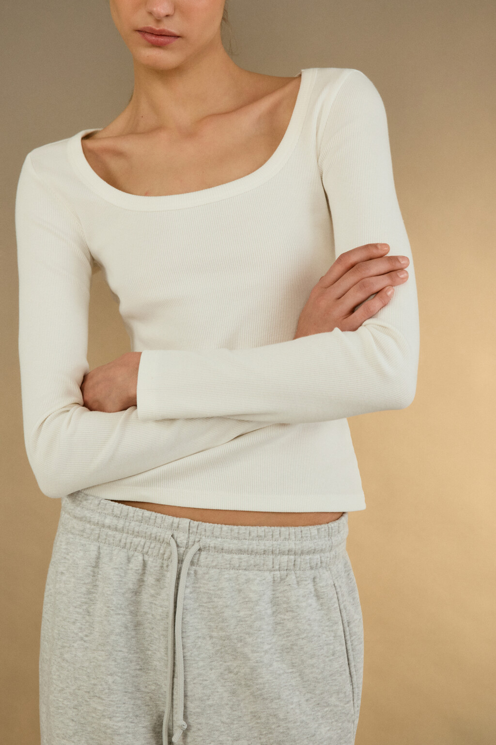 Лонгслив облегающий в рубчик - цвет молочный - 1