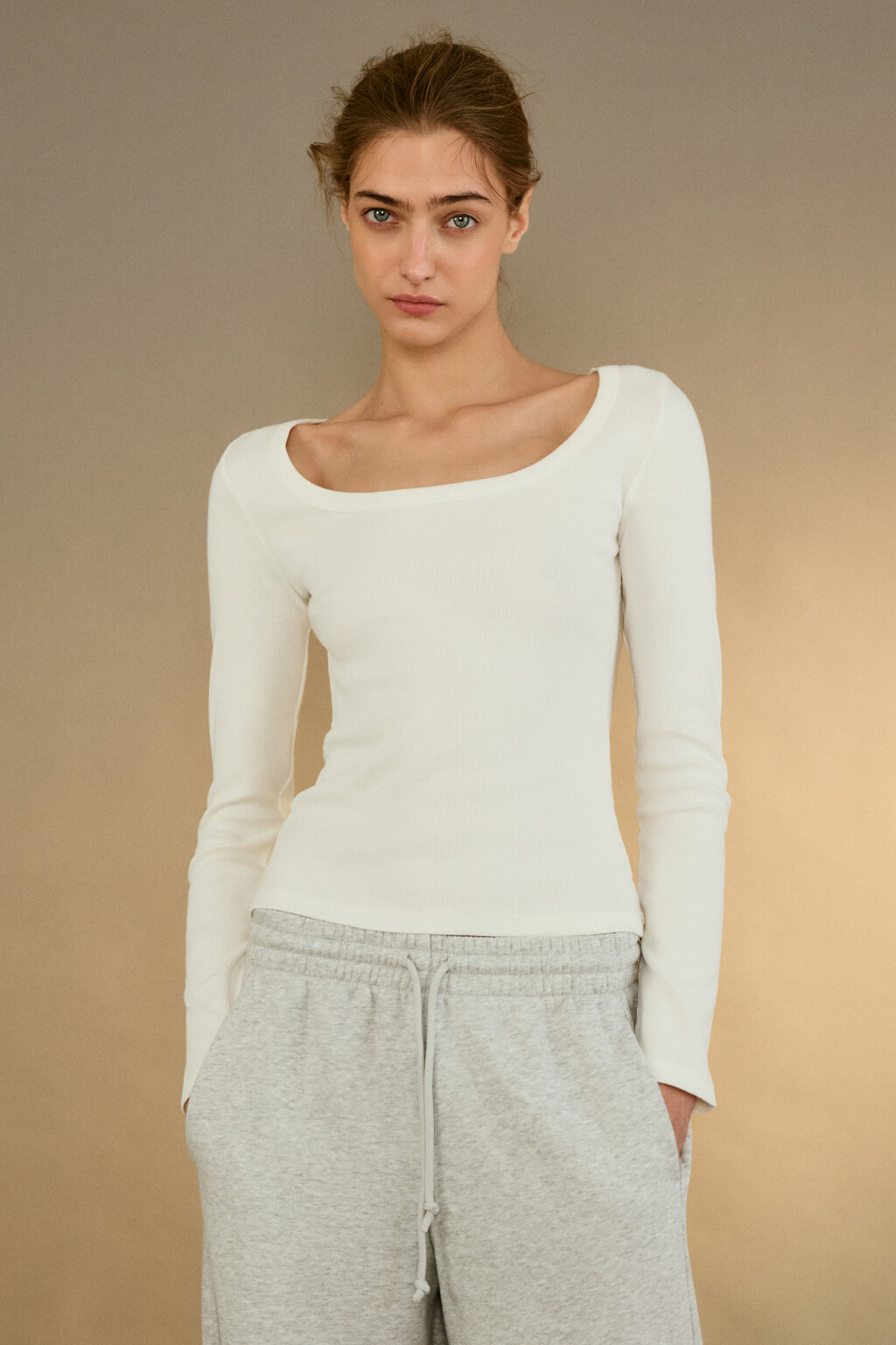 Лонгслив облегающий в рубчик - цвет молочный - 2