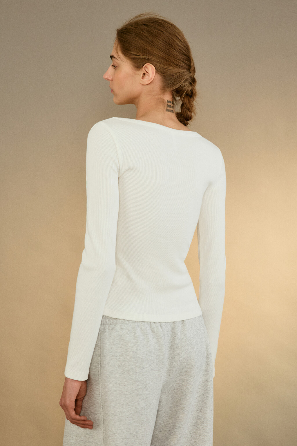 Лонгслив облегающий в рубчик - цвет молочный - 3