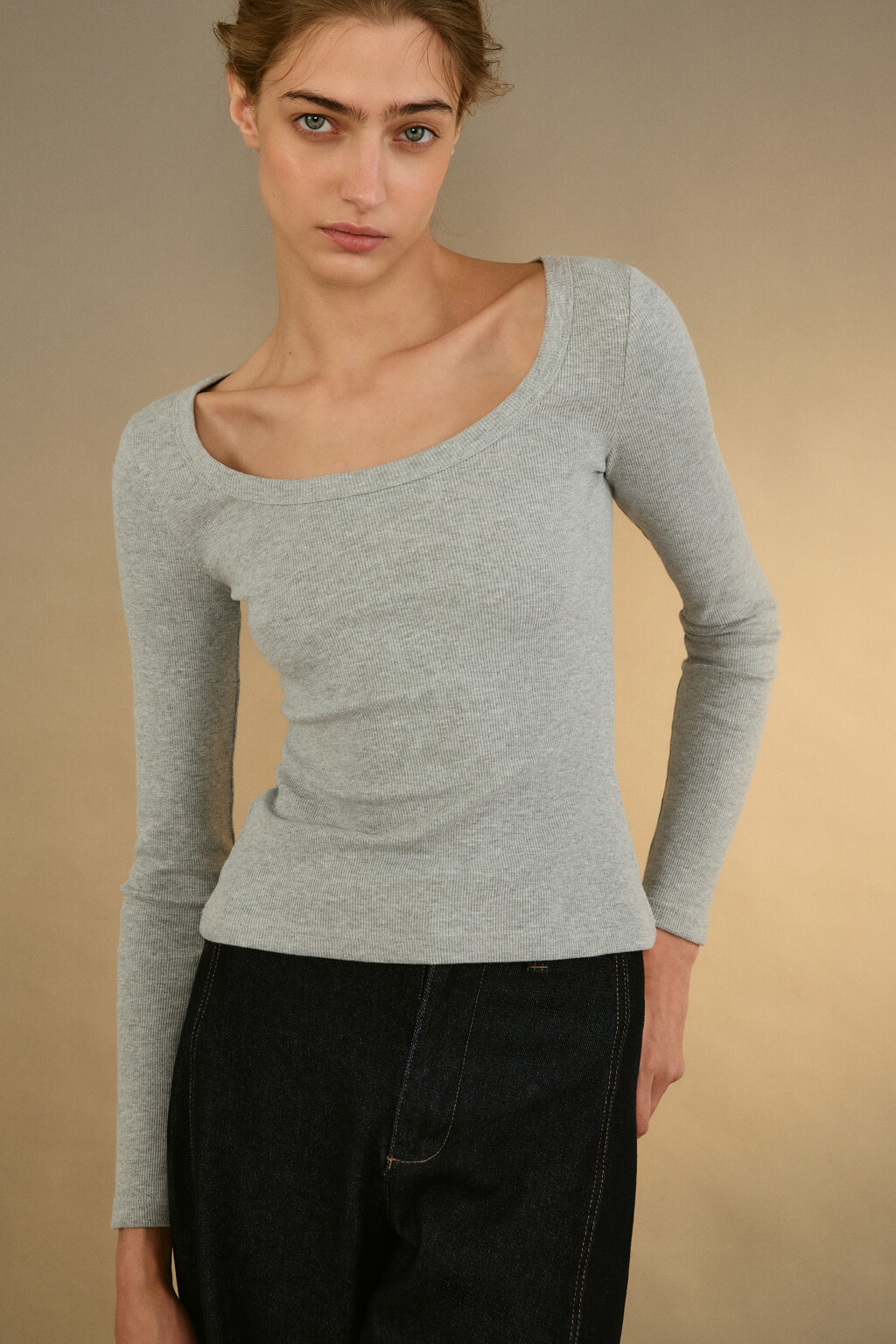 Лонгслив облегающий в рубчик - цвет серый - 1