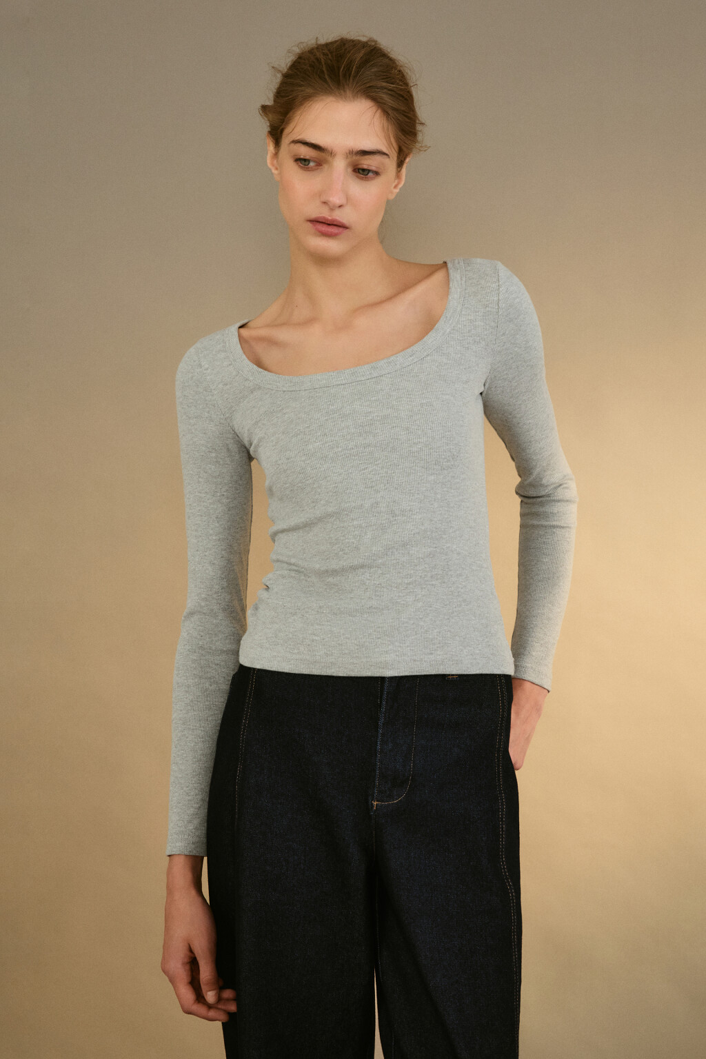 Лонгслив облегающий в рубчик - цвет серый - 2