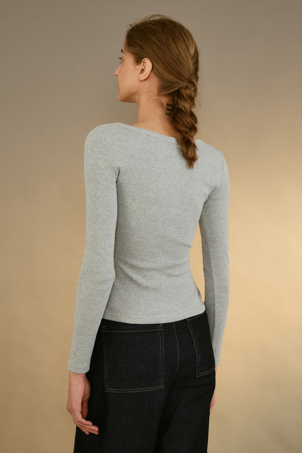 Лонгслив облегающий в рубчик - цвет серый - 3