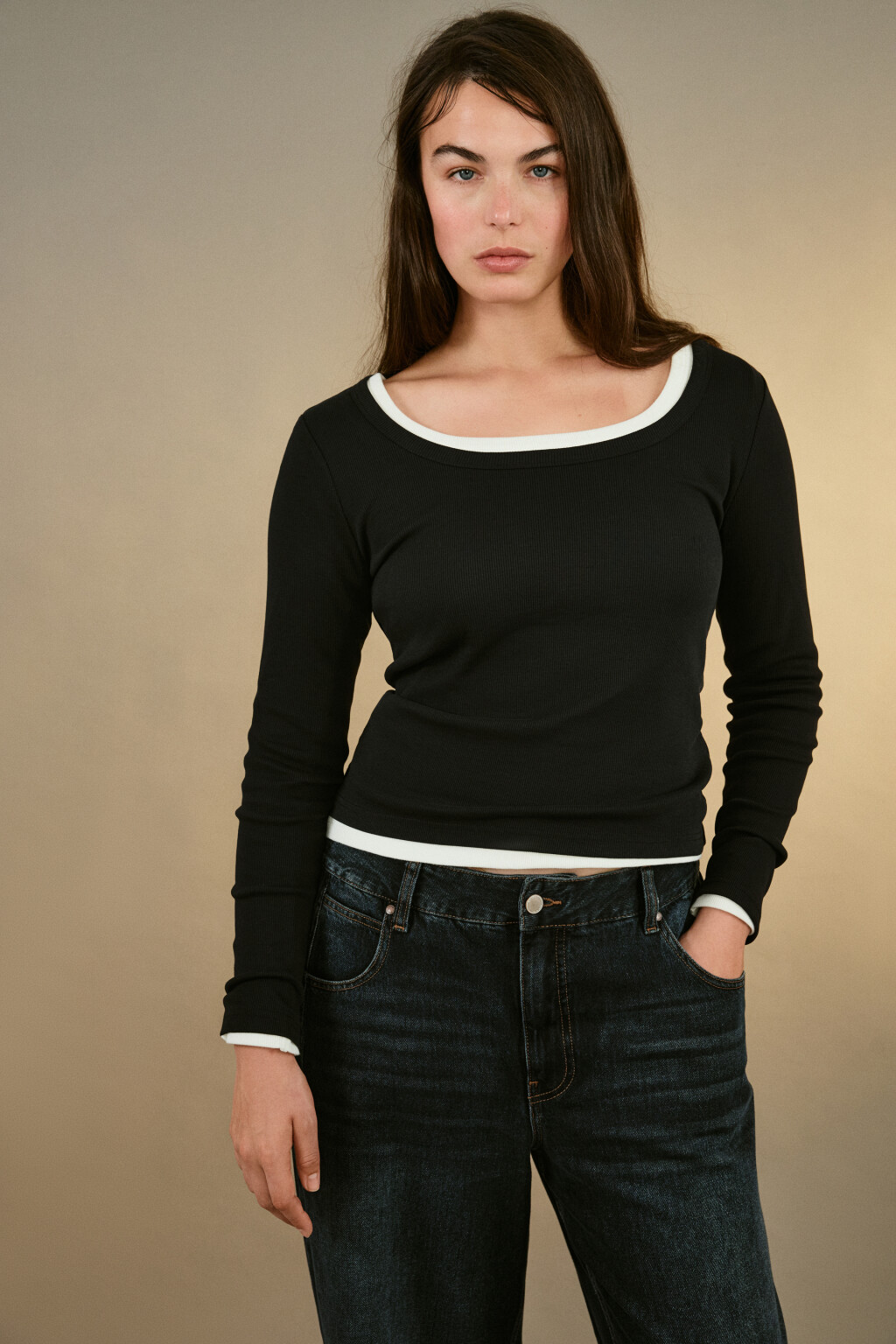 Лонгслив облегающий в рубчик - цвет черный - 1
