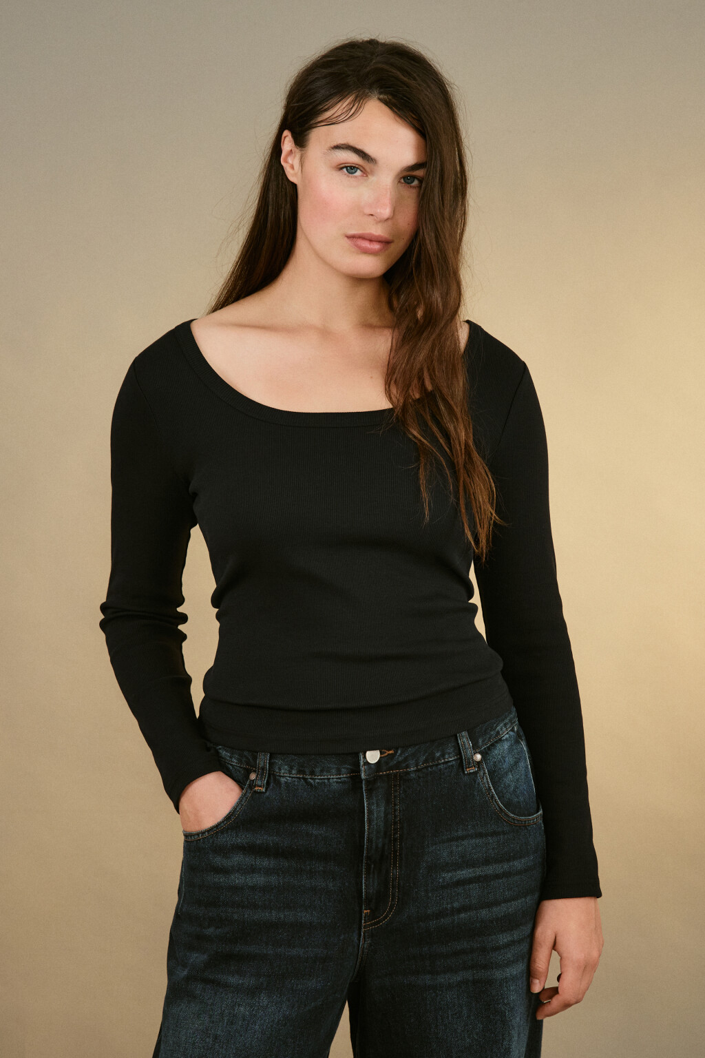 Лонгслив облегающий в рубчик - цвет черный - 2