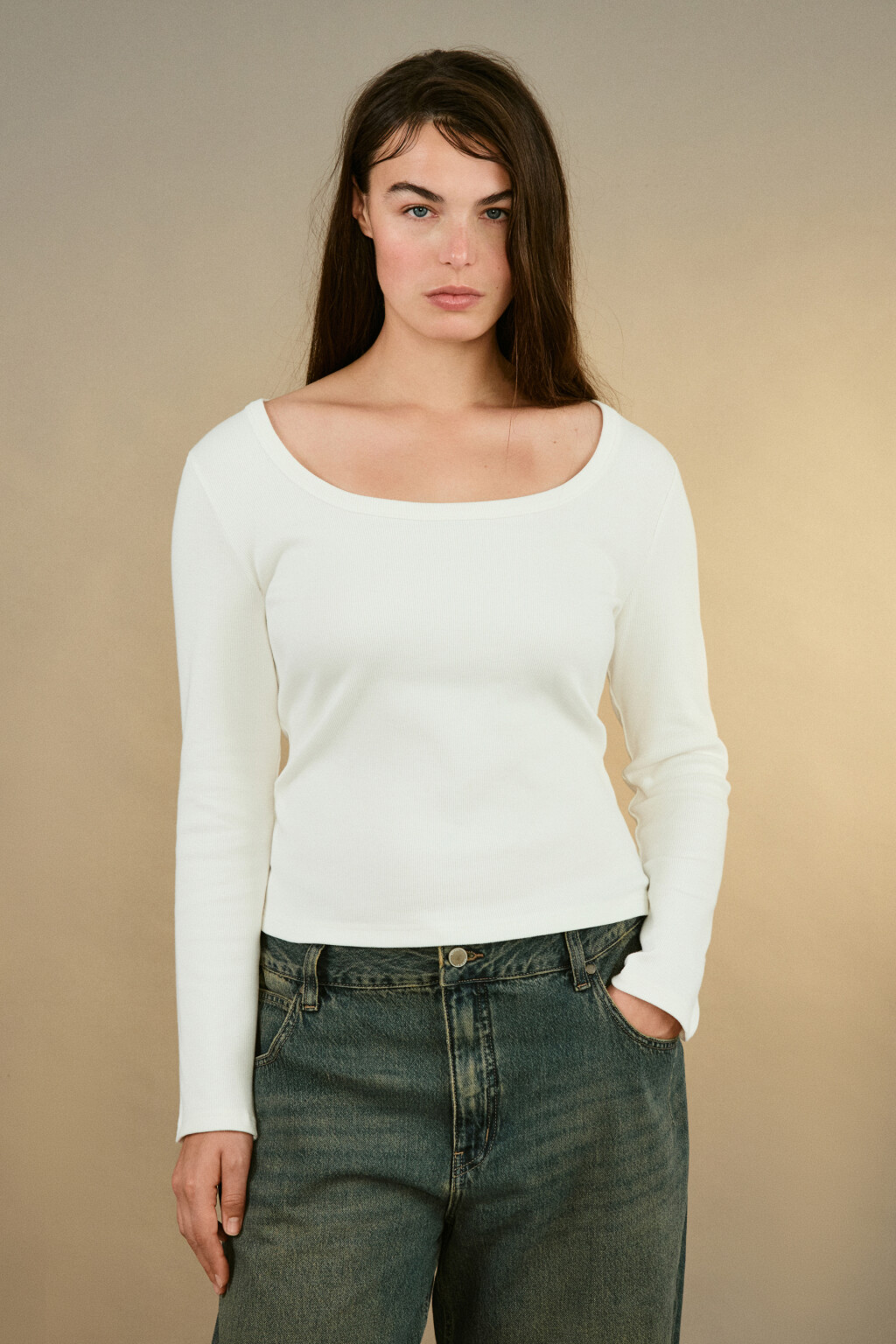 Лонгслив облегающий в рубчик - цвет молочный - 2