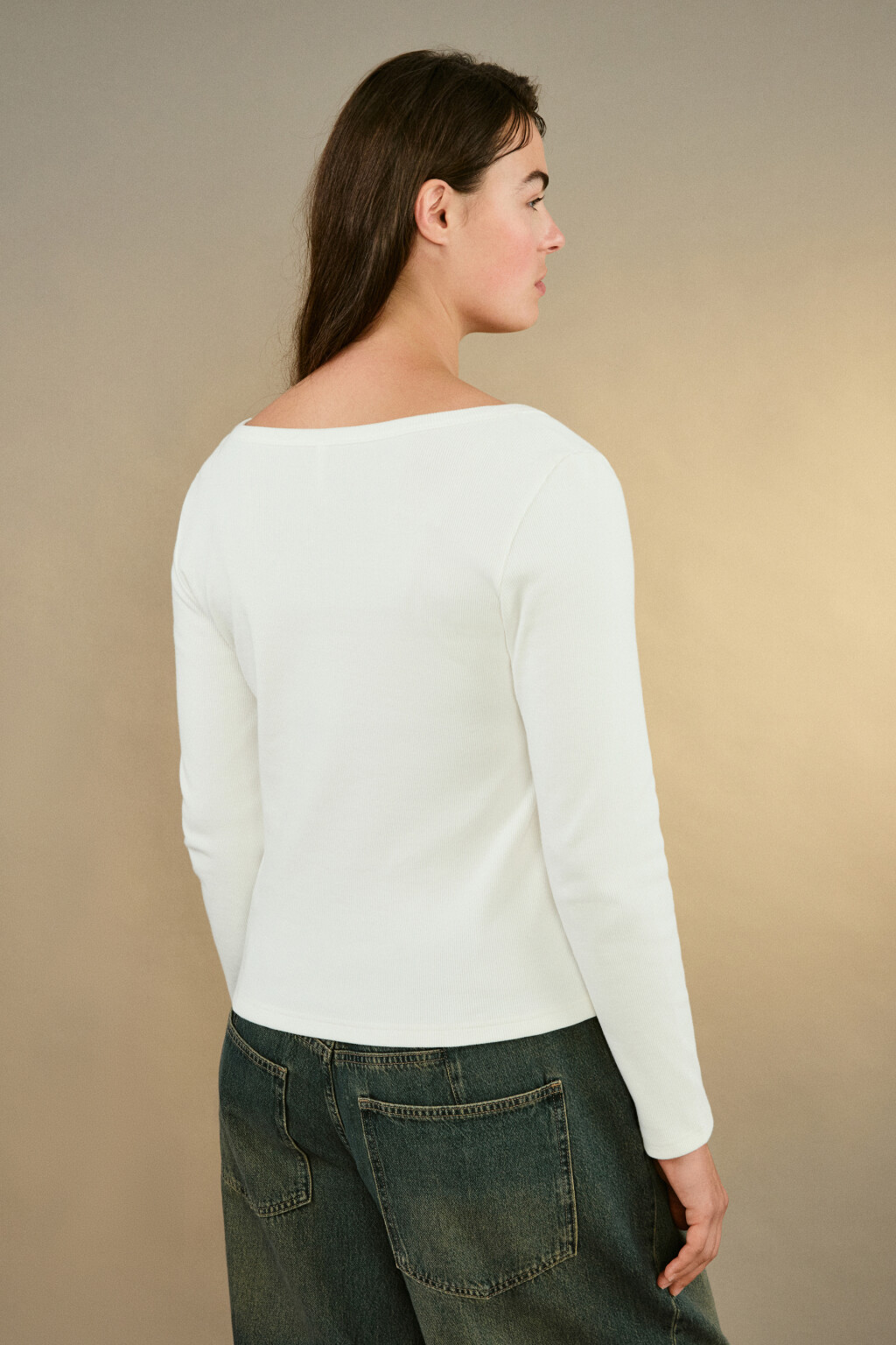 Лонгслив облегающий в рубчик - цвет молочный - 3