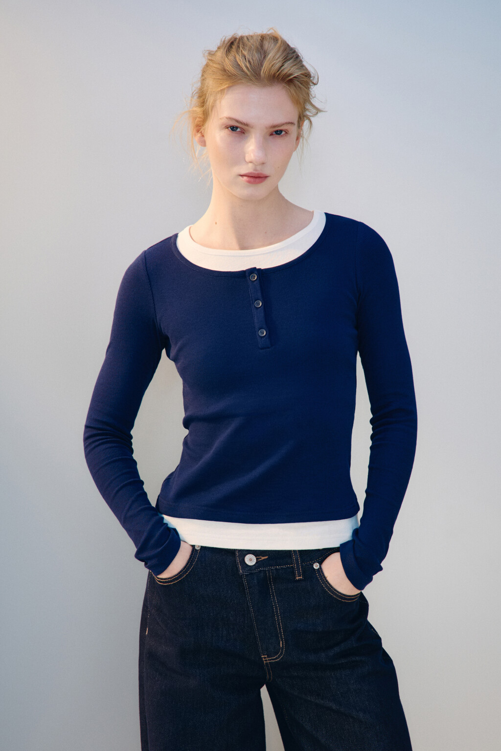 Лонгслив двуслойный с застежкой - цвет синий - 2
