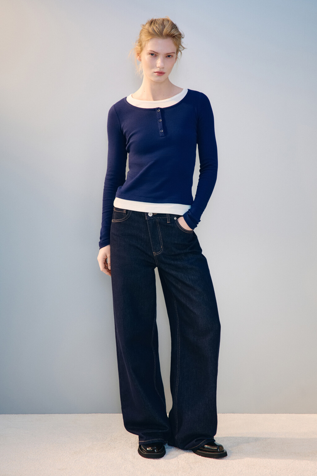 Лонгслив двуслойный с застежкой - цвет синий - 4