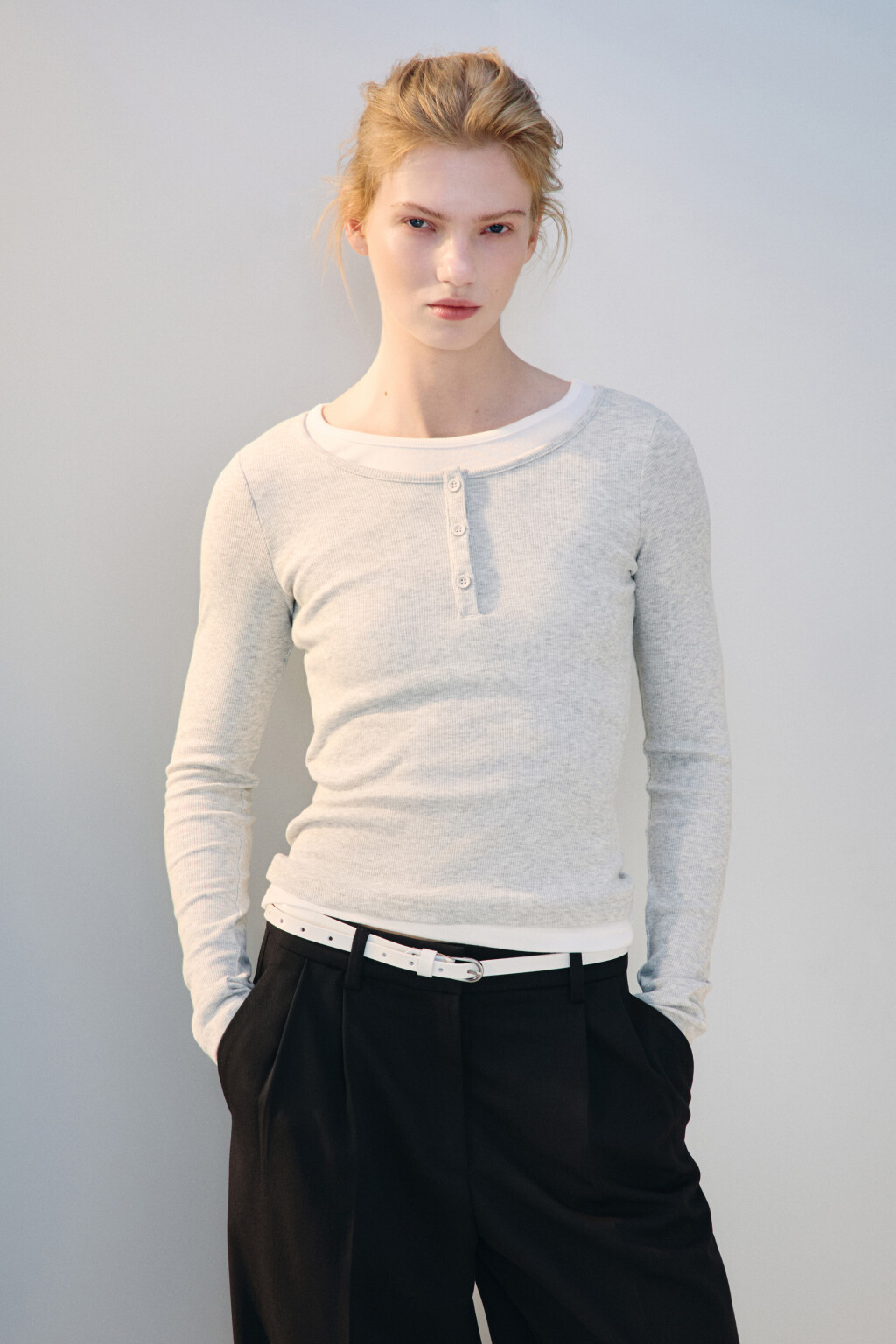 Лонгслив двуслойный с застежкой - цвет серый - 2