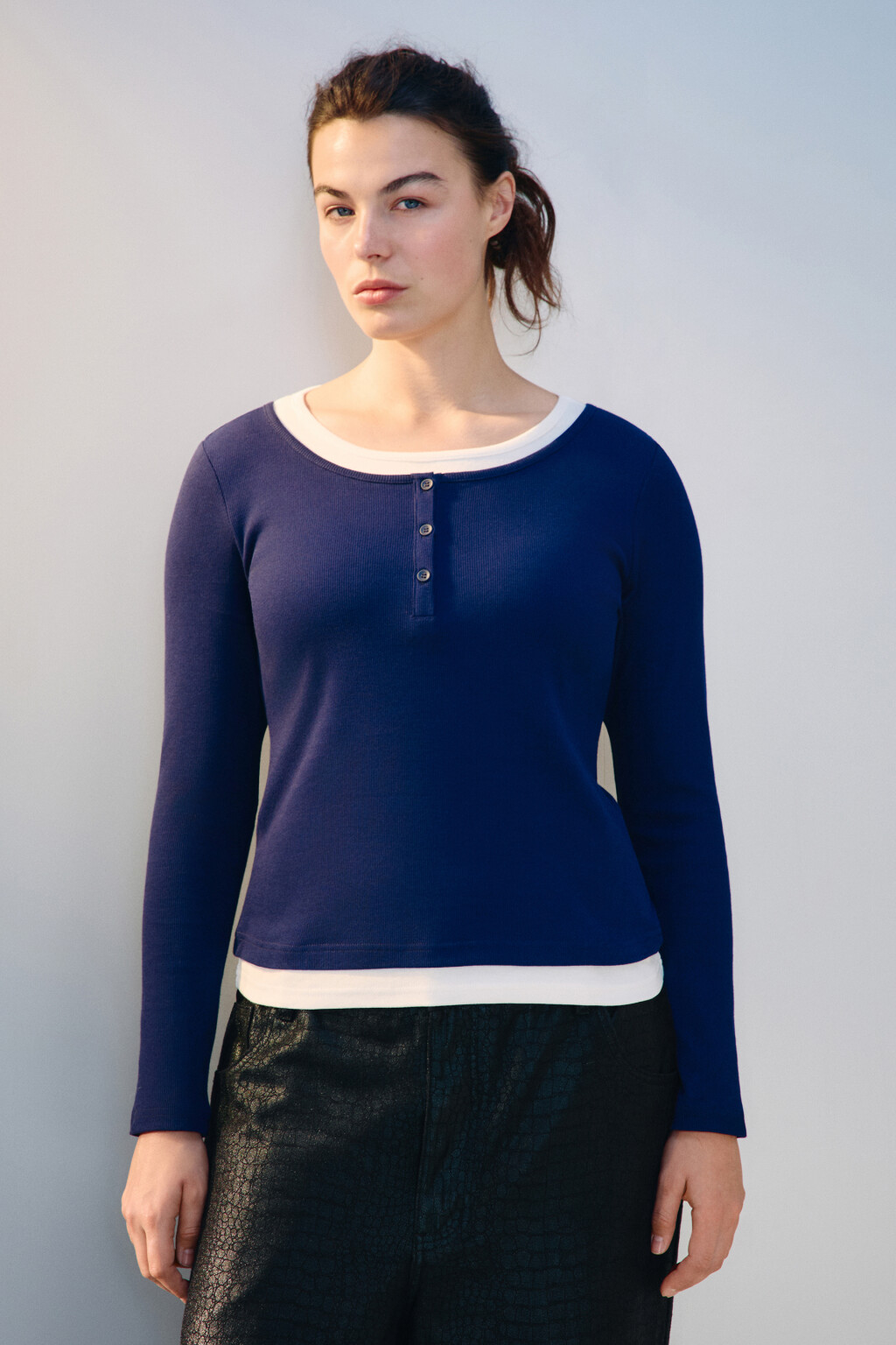 Лонгслив двуслойный с застежкой - цвет синий - 2
