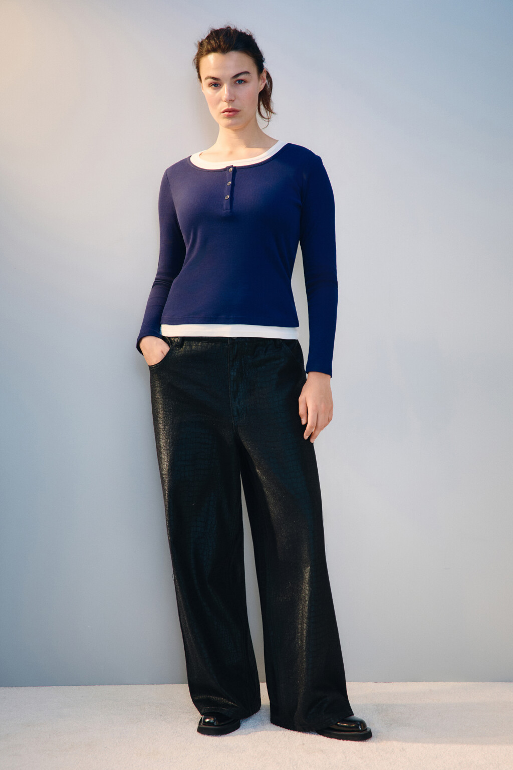 Лонгслив двуслойный с застежкой - цвет синий - 4