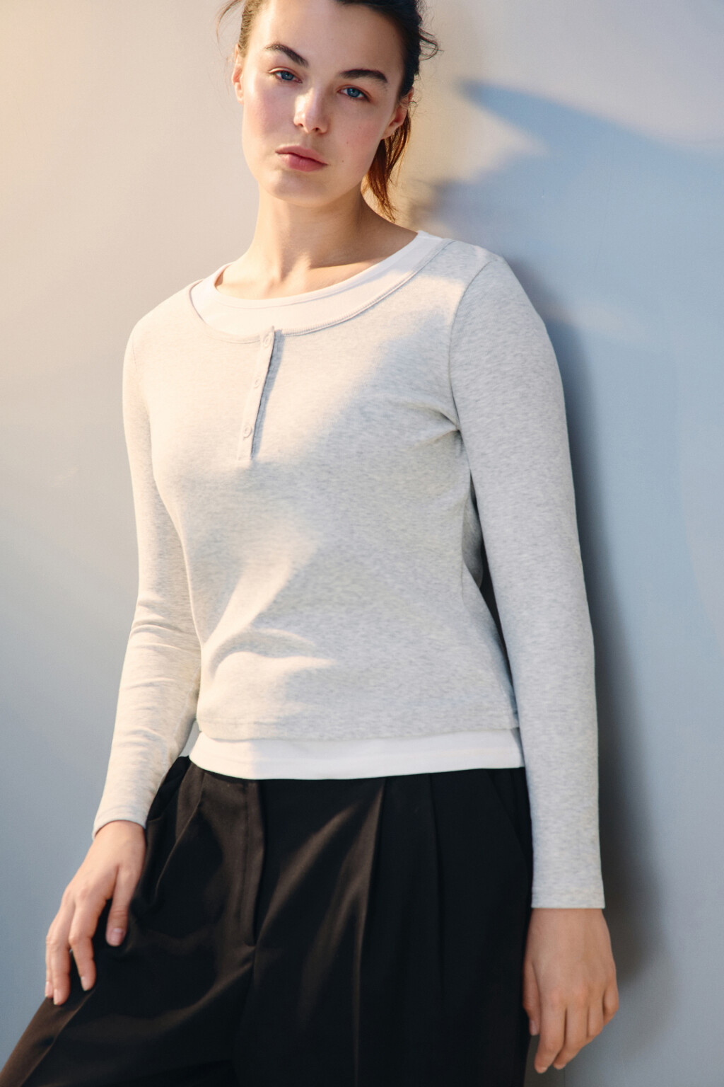 Лонгслив двуслойный с застежкой - цвет серый - 1